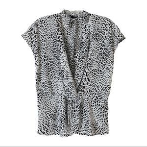 🌺 Worthington Cheetah Neck Tie Peplum Faux Wrap Lightweight Blouse Size M